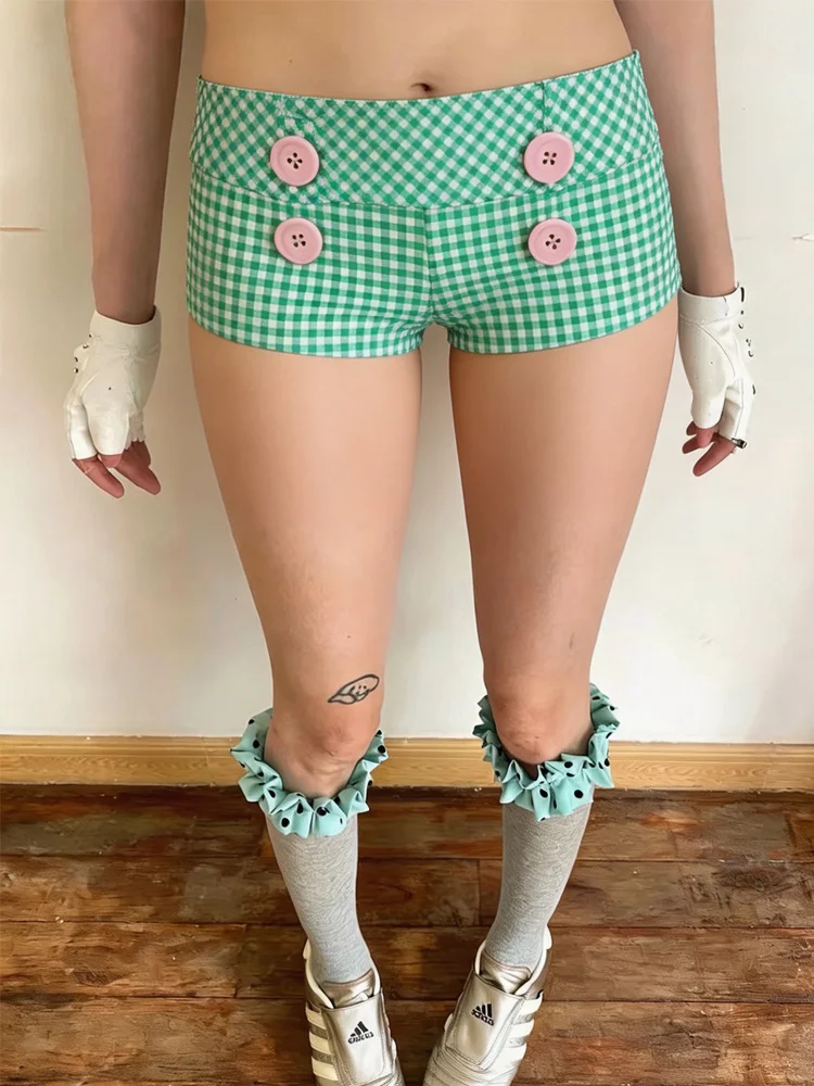 Summer Women's Aesthetics Y2K Fashion Double Row Big Button Low Waist Plaid Slim Fit Spicy Girl Casual mini Hot Pants