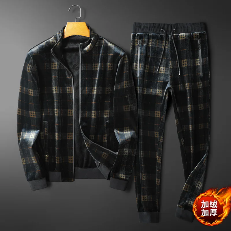 2026 men's gold velvet casual two-piece set European and American spring new outerwear pants fashion youth suit mens