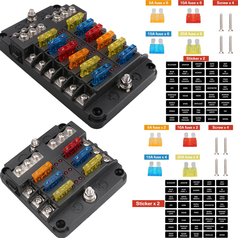 6/12 Ways Fuse Box Set LED Warning Indicator 12V 32V Power Distribution Panel Car Boat Fuse Box Holder With Plastic Cover ﻿
