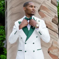 White Jacquard Suits For Men Slim Fit Green Satin Lapel Wedding Suits Double Breasted Tuxedo Prom Latest Coat Pant Designs