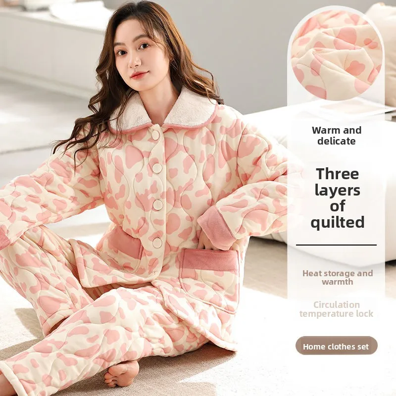 

New Autumn Winter Pure Cotton Knitted Three-layer Padded Pajamas Women's Winter Jacket Warm Thickened Loungewear Two-piece Set