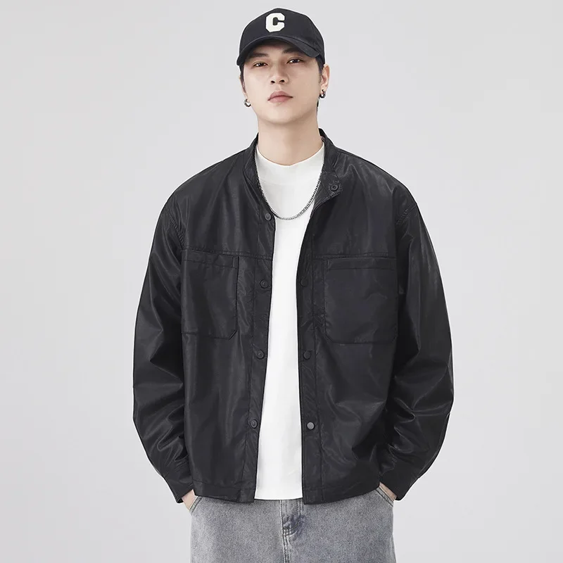 

Spring Autumn Coat Outerwear Men Streetwear Fashion Loose Casual Stand Collar PU Leather Cargo Shirt Style Motorcycle Jacket