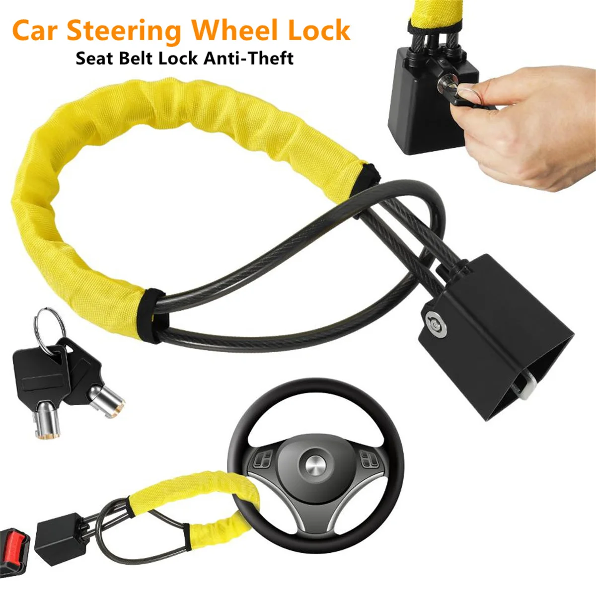 Car Steering Wheel to Seat Belt Lock Anti-Theft Security Lock High Visibility Steel Cable Device with 2 Keys Universal SUV