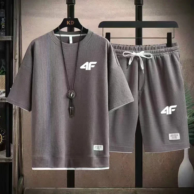 

Summer new breathable men's round-neck T-shirt and shorts 2-piece set, outdoor sports beach men's short-sleeved casual suit