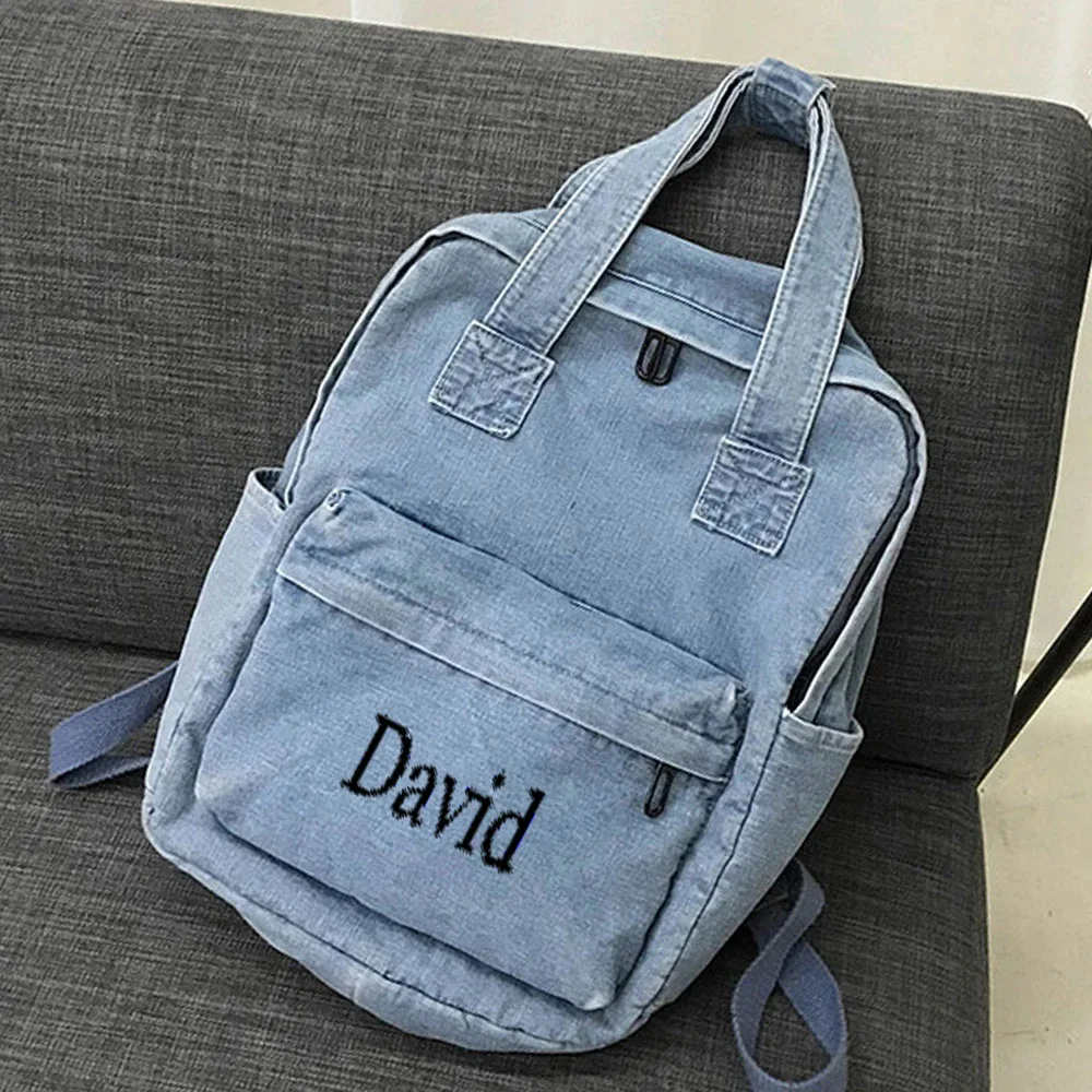 Mochila de lona jeans simples com nome bordado, mochila de grande capacidade, estudante do ensino médio, presente personalizado para meninas, novo