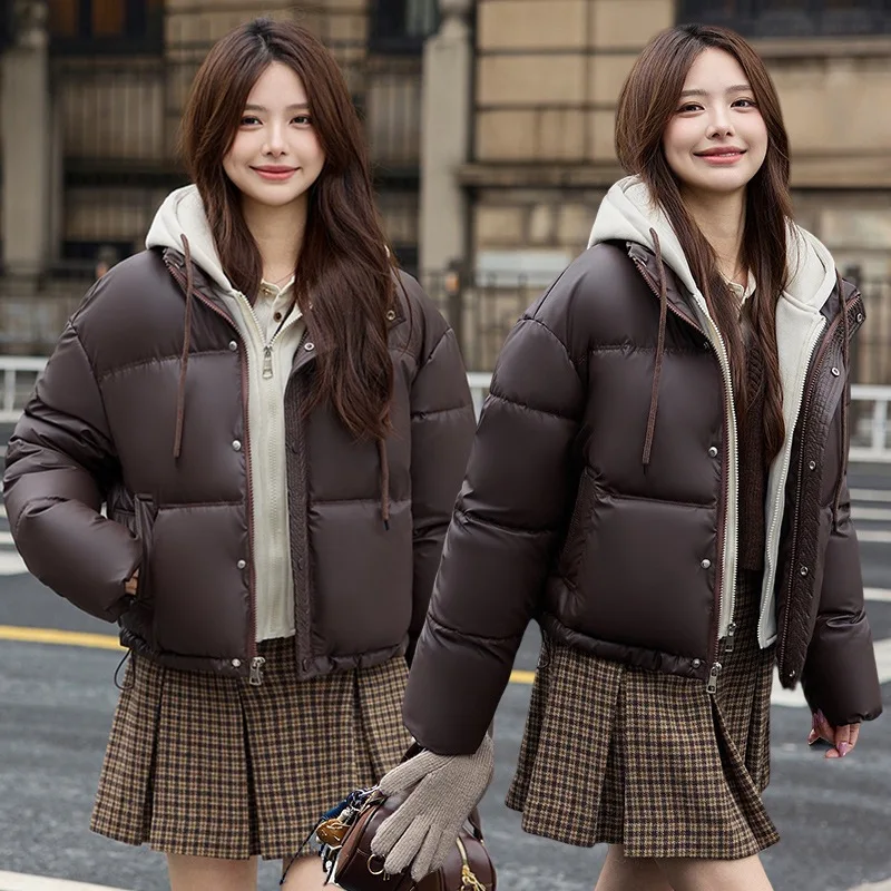 

Women Spliced Oversize Parkas Coat Hooded Jacket Solid Drawstring Hem Zipper Straight Fit Thick Office Lady Casual Winter 2025