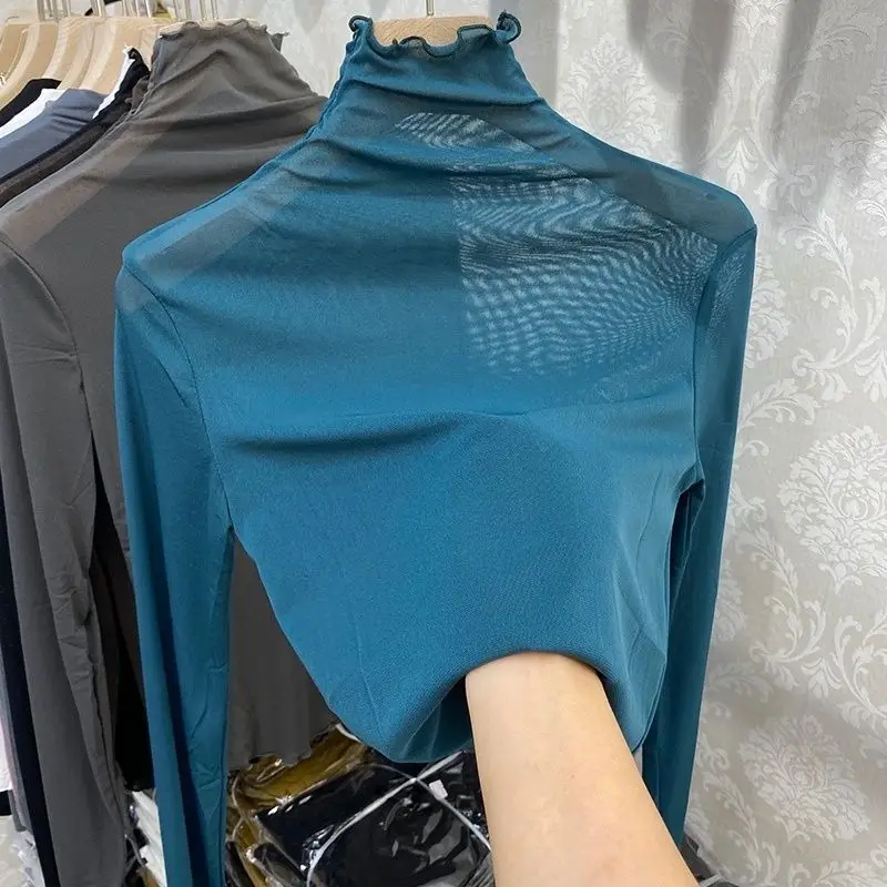 1pcs Spring Autumn Sexy Women T Shirt See Through Transparent Mesh Lace Tops Long Sleeve Sheer Slim Ladies Turtleneck T-Shirt