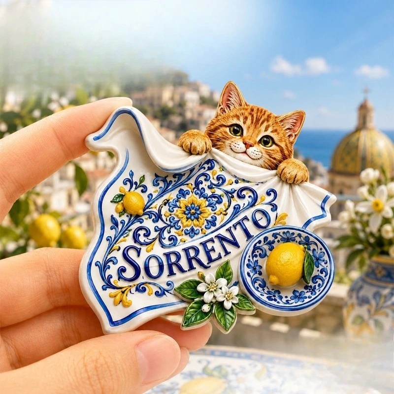 Sorrento Cat Blanket Fridge Magnet - Cozy 3D Italian Souvenir Unique Mediterranean Gift for Travel & Home Decor