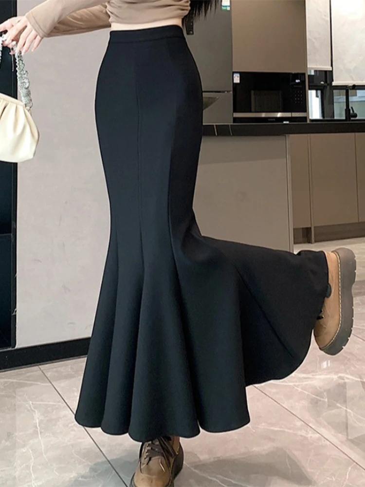 Black Suit Stretch Skirt Women's Spring and Autumn Big Hemline Frill Fishtail Skirt Slimming High Waist Sheath Long Skirt