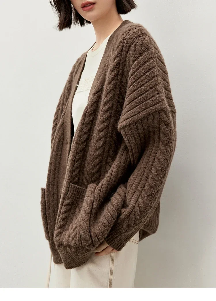 SENTUBILA Casual Knitted Loose Fit Cardigan for Women 2024 Autumn V Neck Long Sleeve Texture Coffee Women Sweater W43W56258