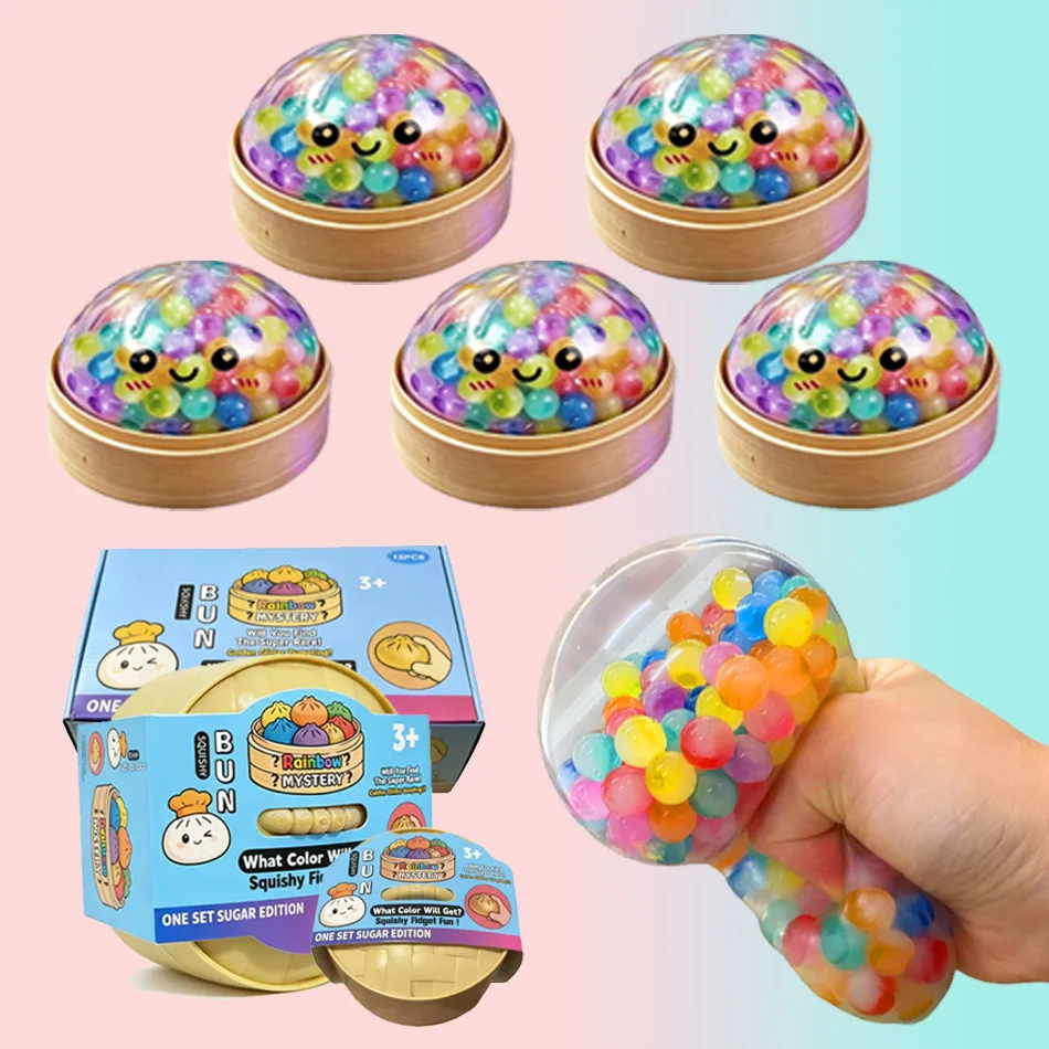Jouet Squishy Arc-en-ciel en forme de Boulette avec Perles, Jouet Sensoriel Anti-stress, Cadeau Amusant avec Cuiseur Vapeur en Bambou