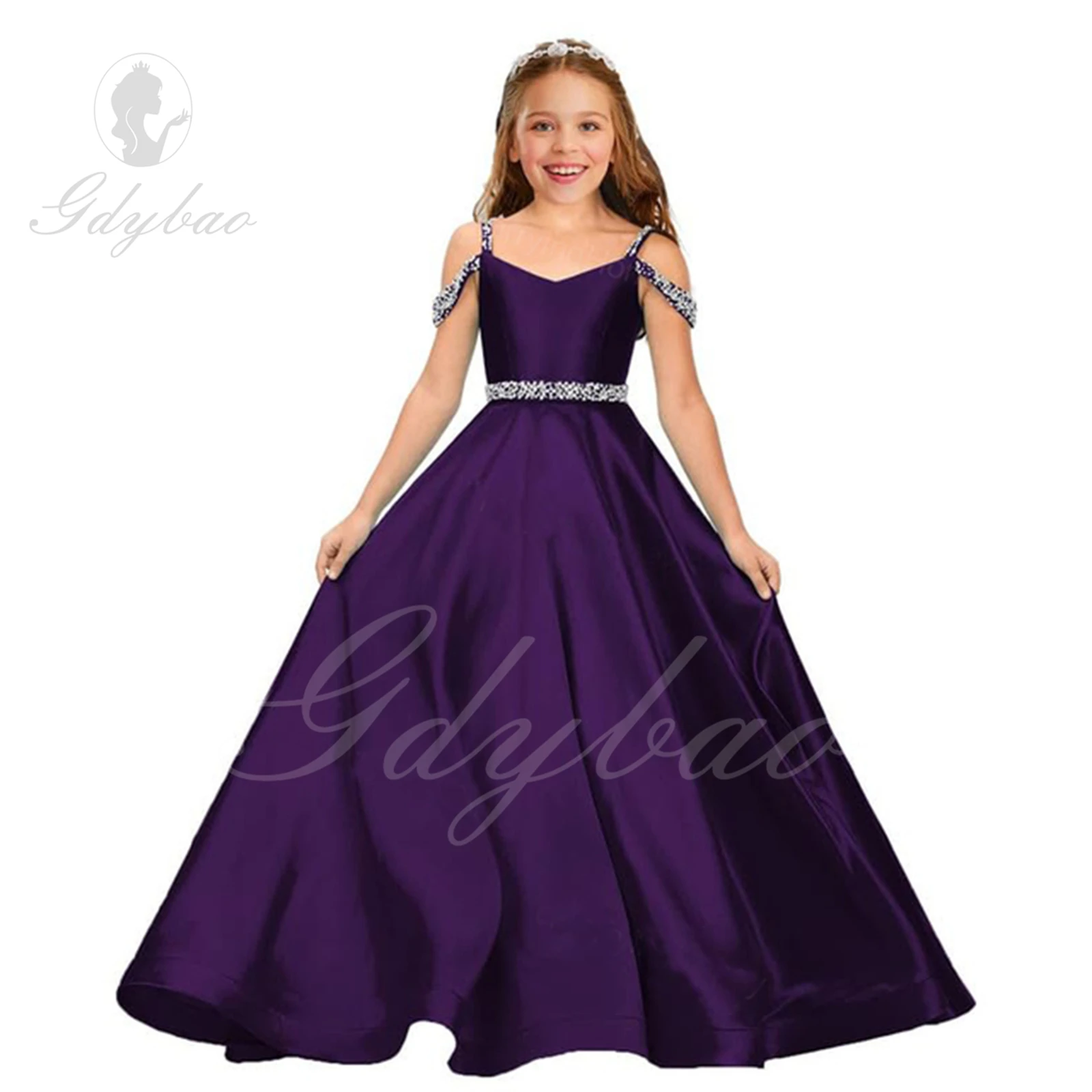 Vestidos de fiesta de boda de satén para niños, vestido largo con cuentas y hombros descubiertos, vestido de niña de flores de cumpleaños, vestidos de noche formales para niñas