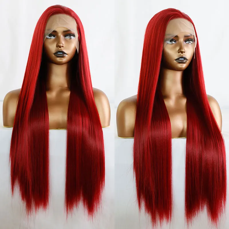 Bombshell Red Color Straight Synthetic 13x4 Lace Front Wigs Glueless High Quality Heat Resistant Fiber Hair For Women Daily Use