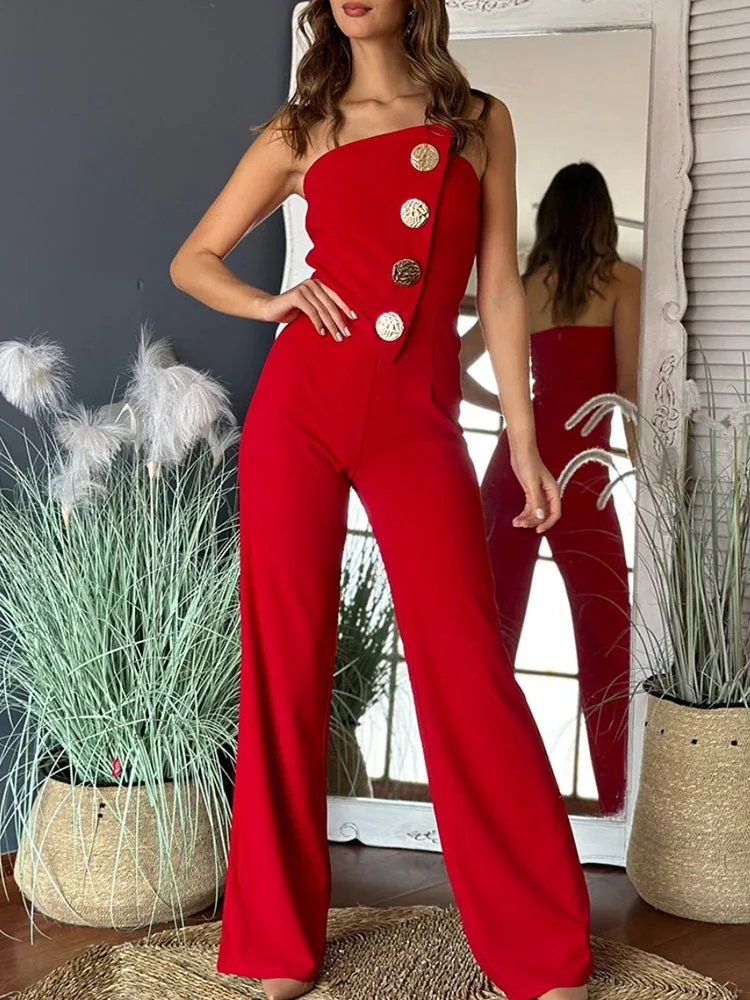 Moda donna pagliaccetto tuta estate nuovo sexy backless tubo superiore bottone bootcut pantaloni lunghi tute rosse per le donne streetwear