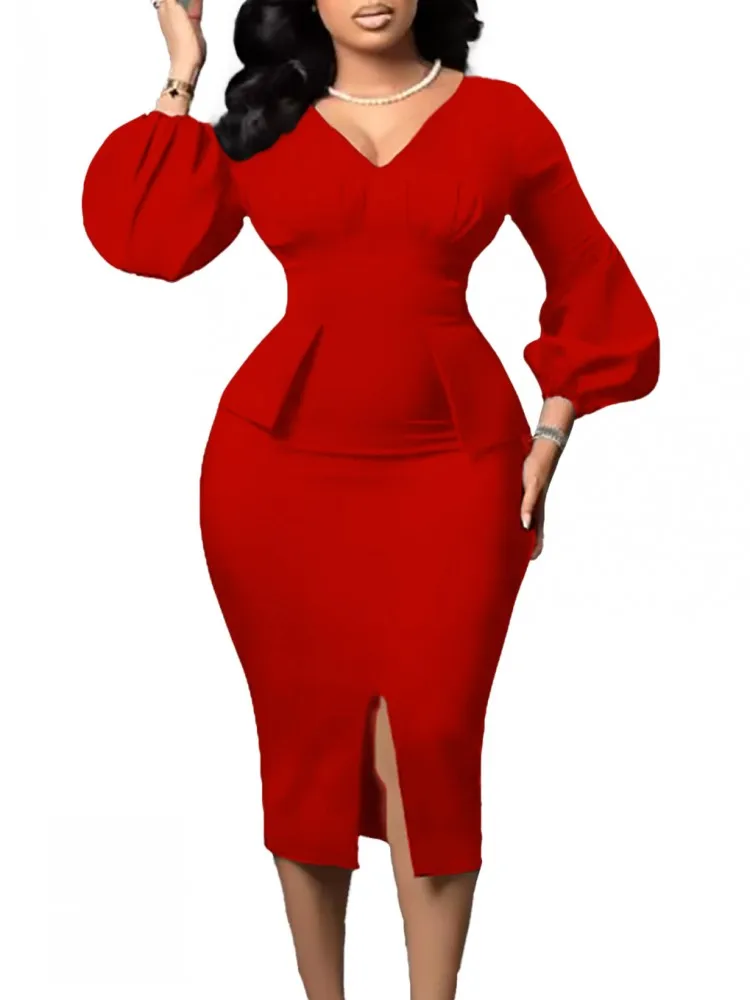 

Elegant Fashion African Dress For Women Office Wear Sping Summer V-neck Puff Sleeve Split Hip Wrap Pencil Dress Africa Clothes