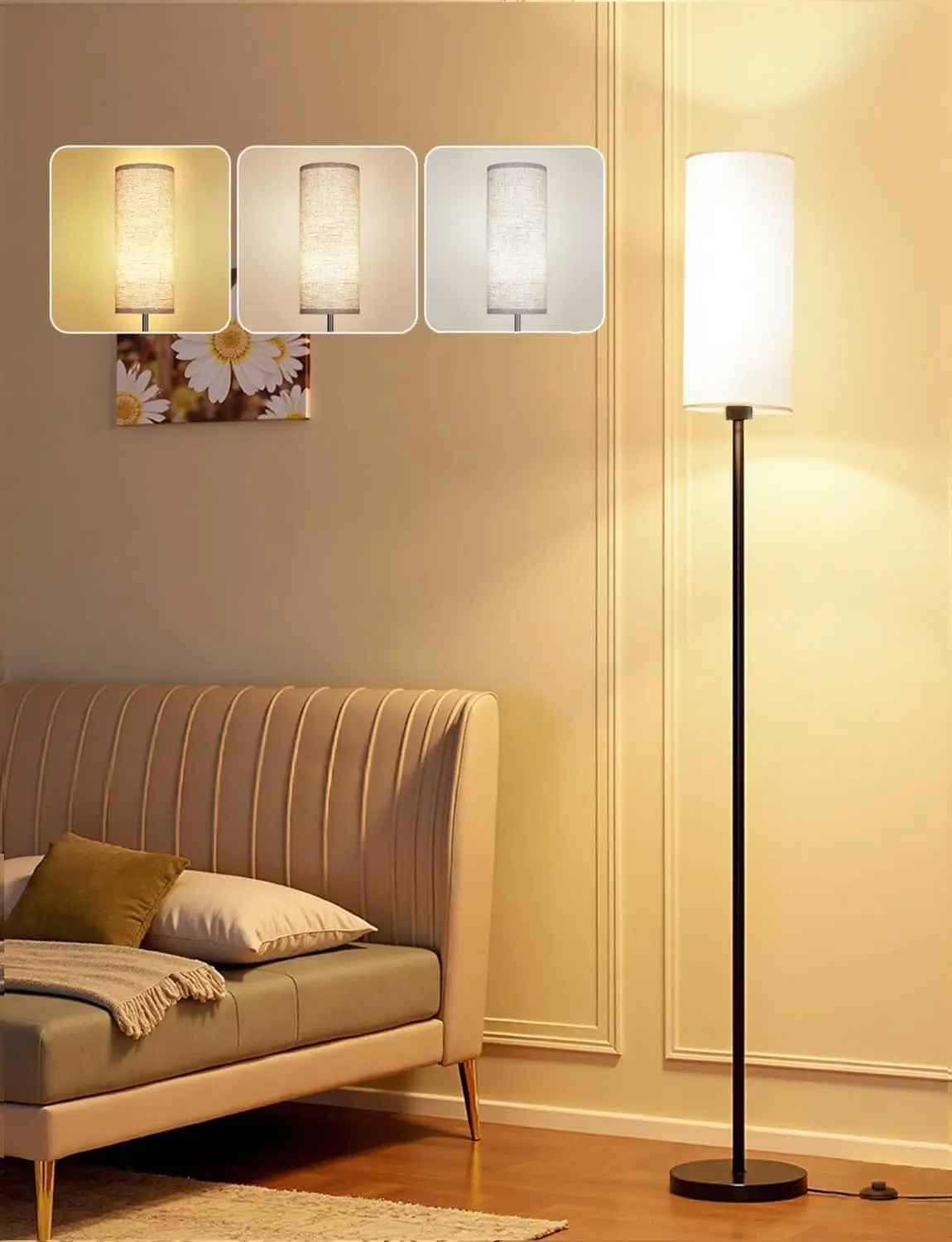 

LED Floor Lamp 12W, 3 Color Temperatures, Beige Shade, Industrial Style for Living Room, Bedroom, Office