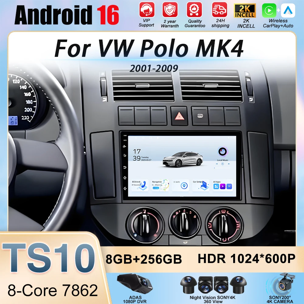 Car Radio For VW Polo MK4 2001 2002 2003 2004 2005 2006 2007 2008 2009 Android 16 Auto Multimedia Player CarPlay GPS Navigation