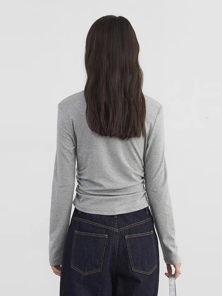 CHIC VEN Women T-Shirts Casual O Neck Slim Contrasting Pleated Knit Tees with Half Zipper Female Top Pullover Spring Summer 2025