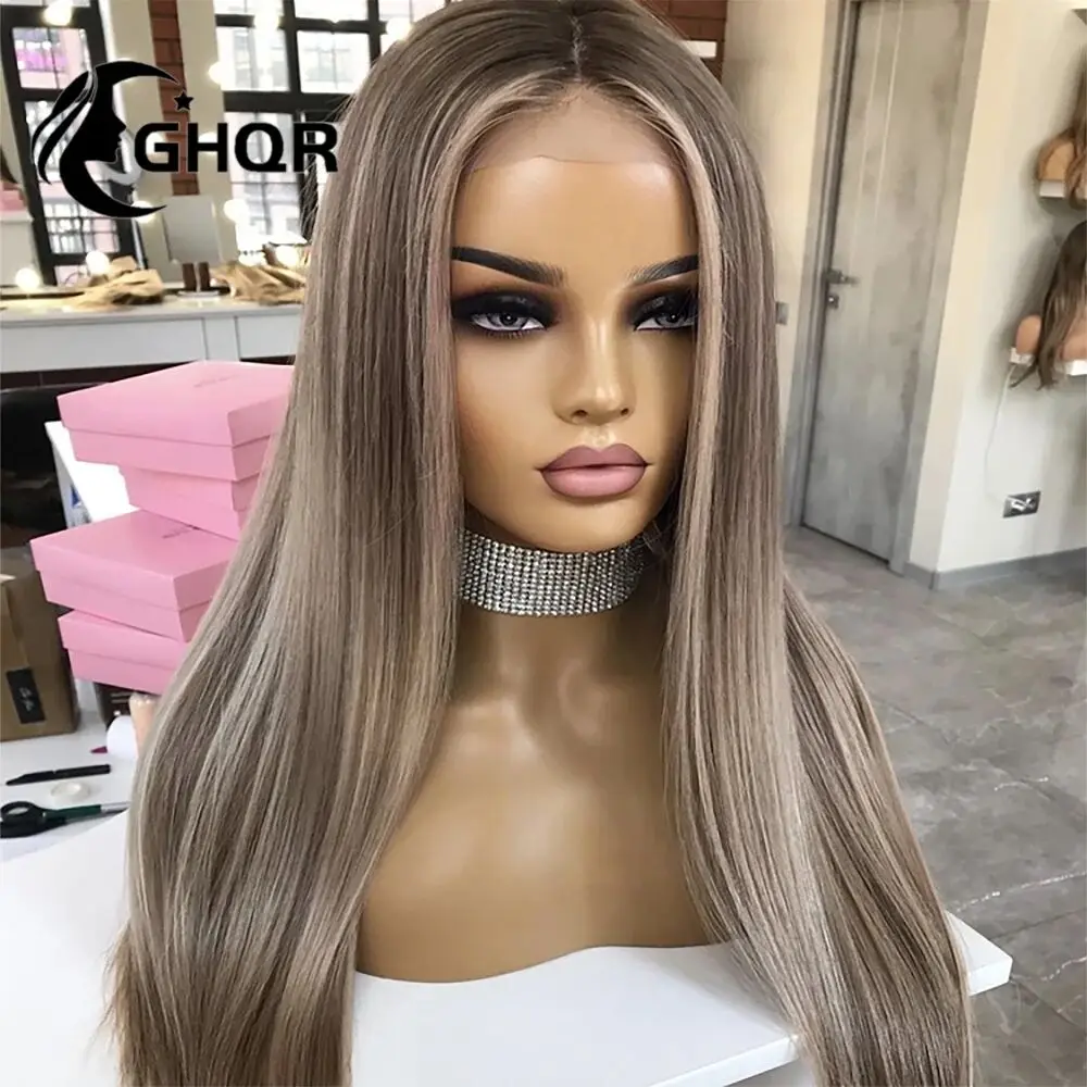 Highlight Human Hair Wig, Dark Roots, Mix Aging Blonde 360 Lace Frmetals Wig, 613 Colored Straight Transparent Lace, Preplucked Existant Brazin