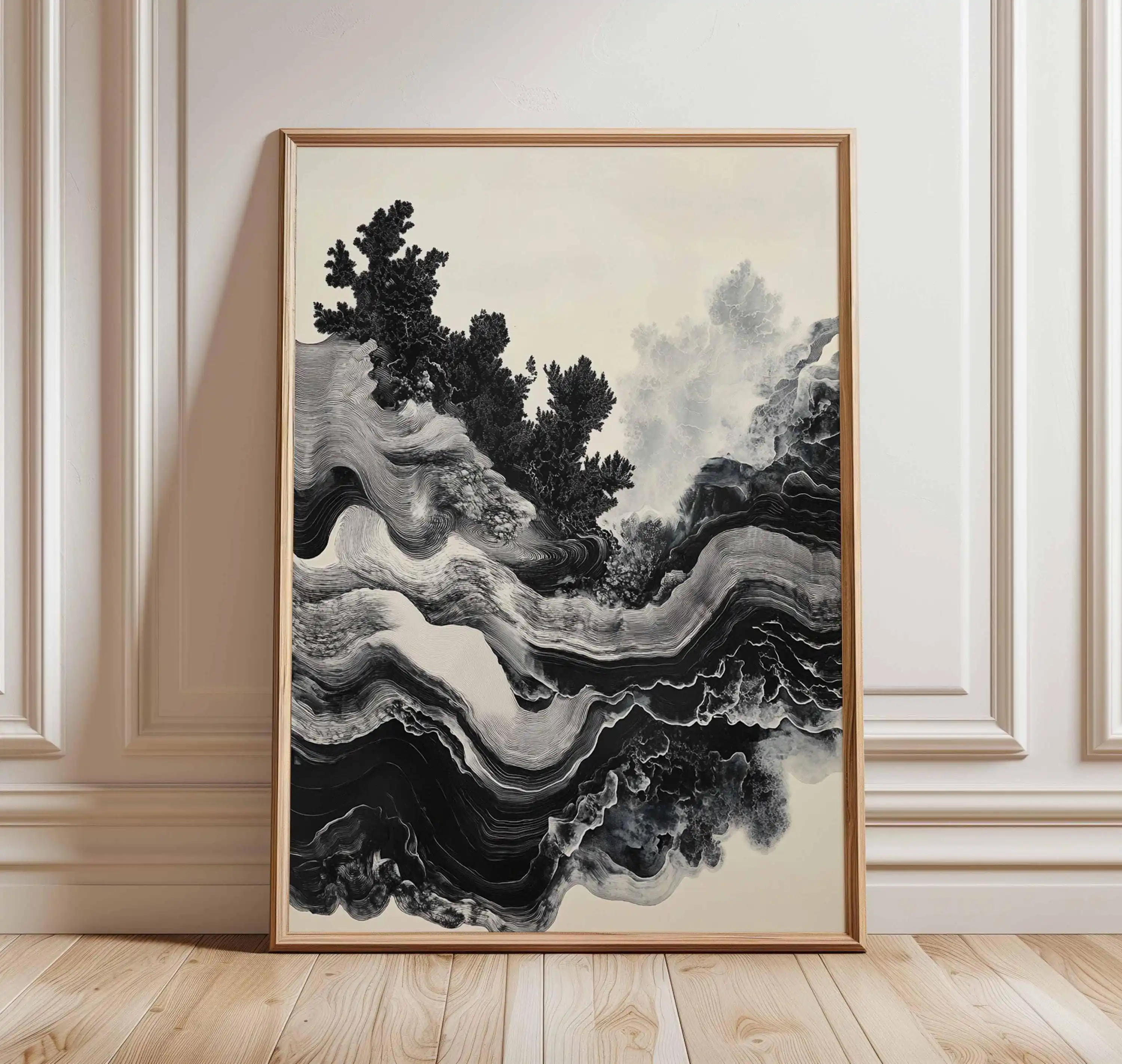 Abstract Black And White Flowing Lines Ink Landscape Minimalist Poster Print Wall Art Pictures Canvas Painting Room Home Decor