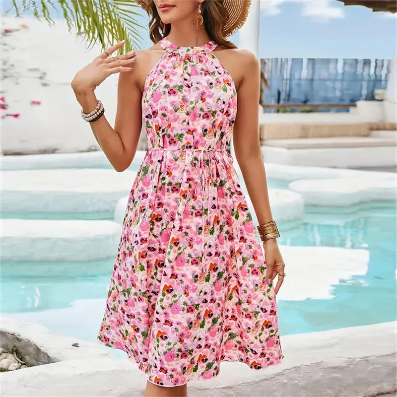 Women's Floral Halter Sleeveless Long Dress, Strapless, High-grade, Spring, Summer, New Fashion