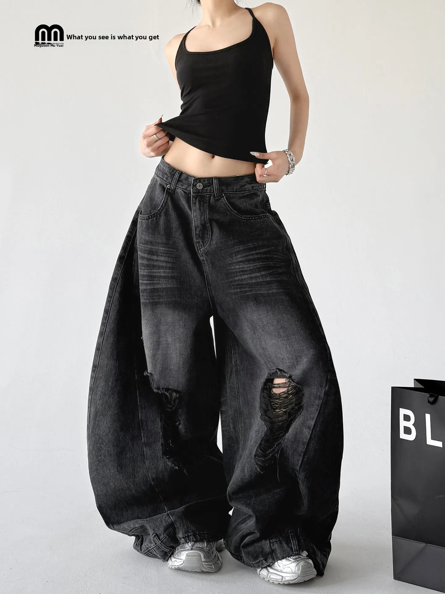

Cool American Style Black Denim Jeans Women's Spring Loose Wide Leg Slimming Floor-Length Pants Hole Design Fashionable Ladie...