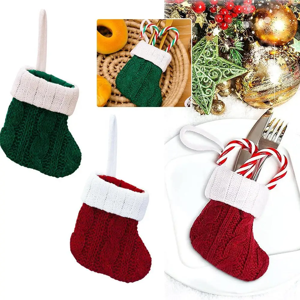 Mini Christmas Socks New Knitting Christmas Tree Pendant Decoration Xmas Gift Bag Christmas Knife Fork Cutlery Holder Bag