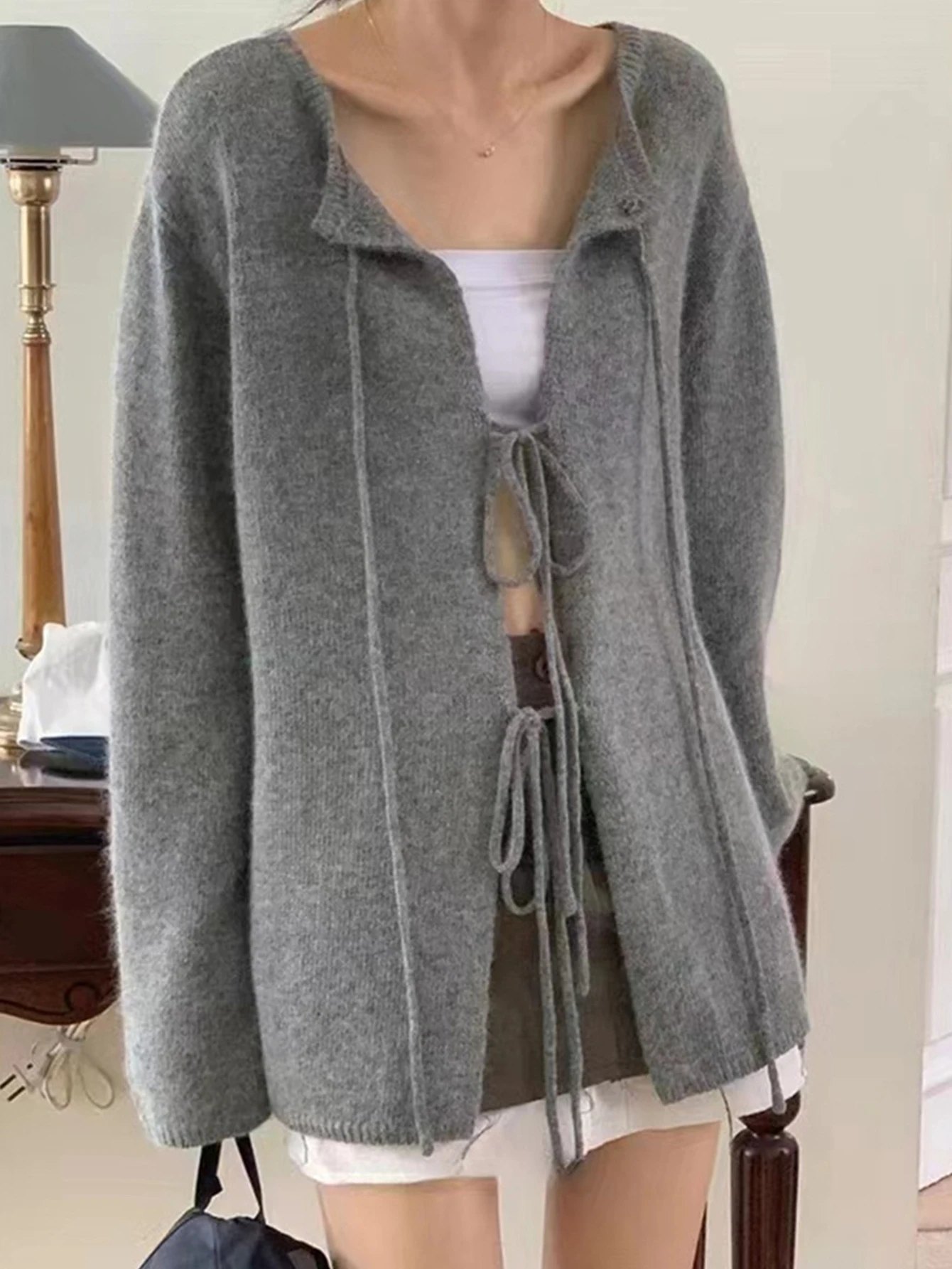 

Женский кардиган с длинным рукавом, осенне-зимний модный однотонный полосатый повседневный трикотаж на шнуровке с открытой передней частью