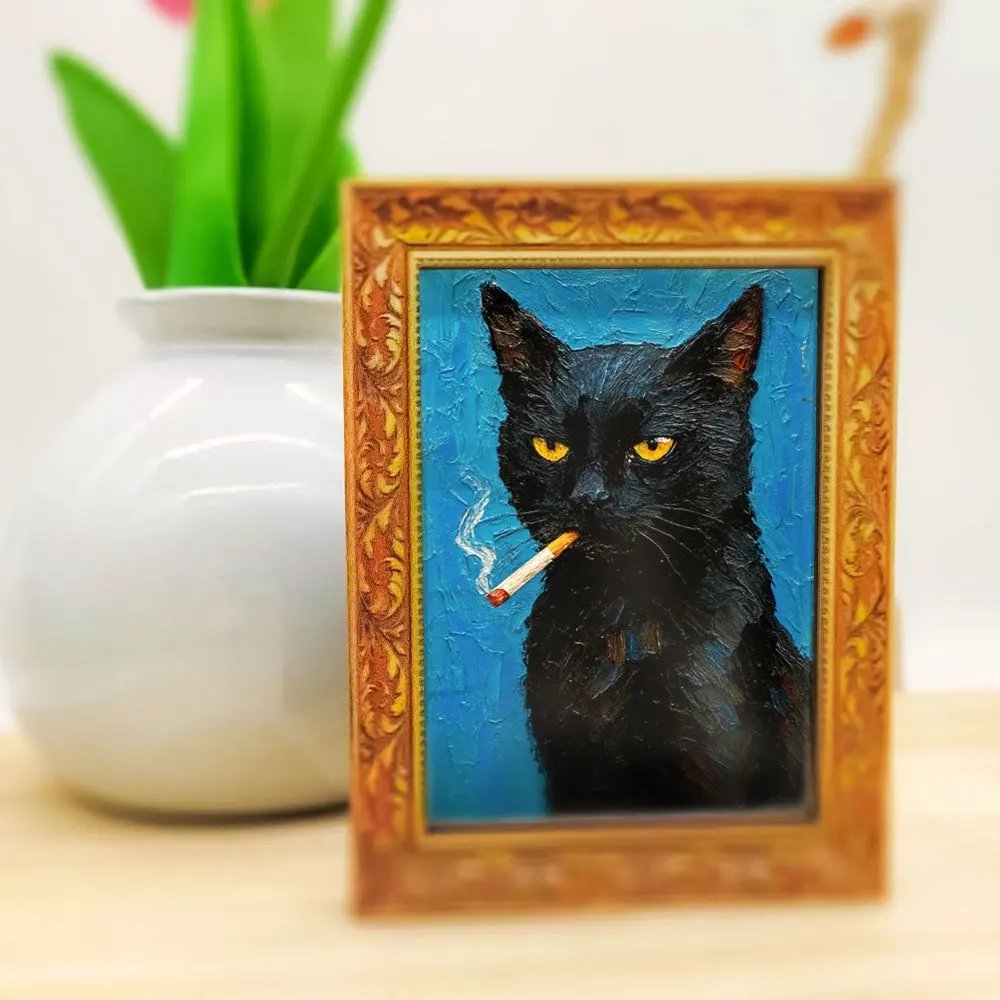 Artistic Smoking Black Cat Fridge Magnet, Vintage Style Framed Magnet for Kitchen, Home & Cat Lover Gift
