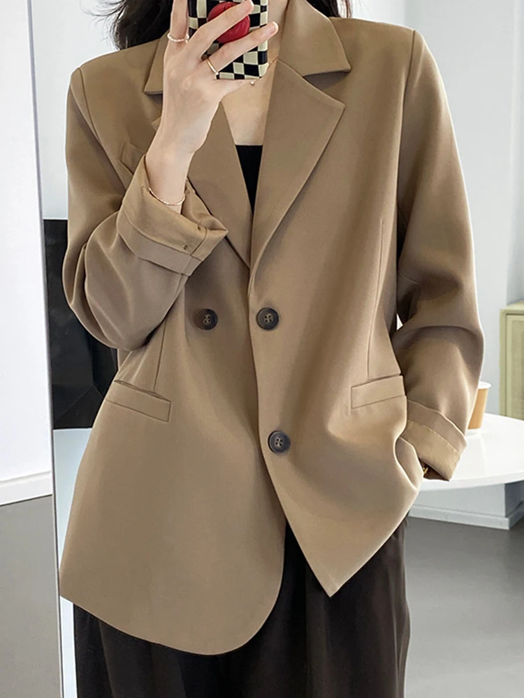 [EAM] Kobiety Khaki Casual Blazer New Lapel Long Sleeve Buttoons Splited Loose Jacket Fashion Tide Spring Autumn 2024 1DH4424