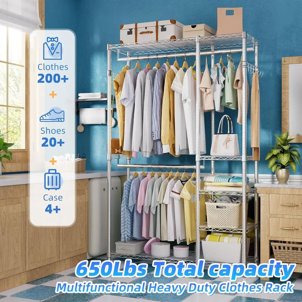 Perchero para ropa de resistencia industrial: capacidad para 450 libras, colgar y estanterías ajustables, armario de metal, acabado cromado