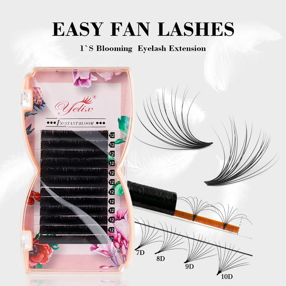 Yelix 0.03/0.05mm Easy Fan Mega Volume extension ciglia 1s Fast Bloom Fans Russian Volume Lash Trays Fluffy Lash Extensions