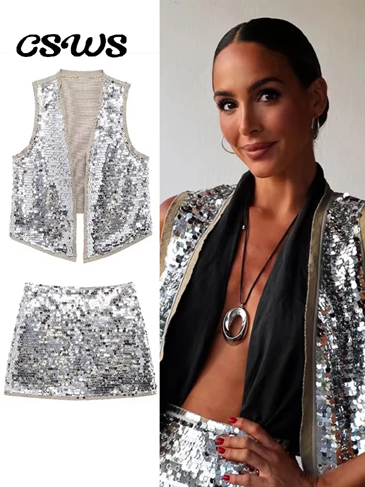 Elegant Sequin Vest Set Women Shinny Loose Sleeveless Top Zipper Short Skirt Suits 2024 Summer Fashion Street Party Outfit