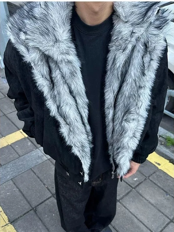 

American Sle Lamb Fur Collar Thiened Cotton Jaet Men's Autumn Winter Warm High-End Feeling eepskin Cotton Coat