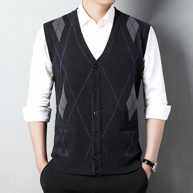 Autumn and Winter New Men's Cardigan Casual Knitted Sweater Vest Sleeveless Outer Wear Tops