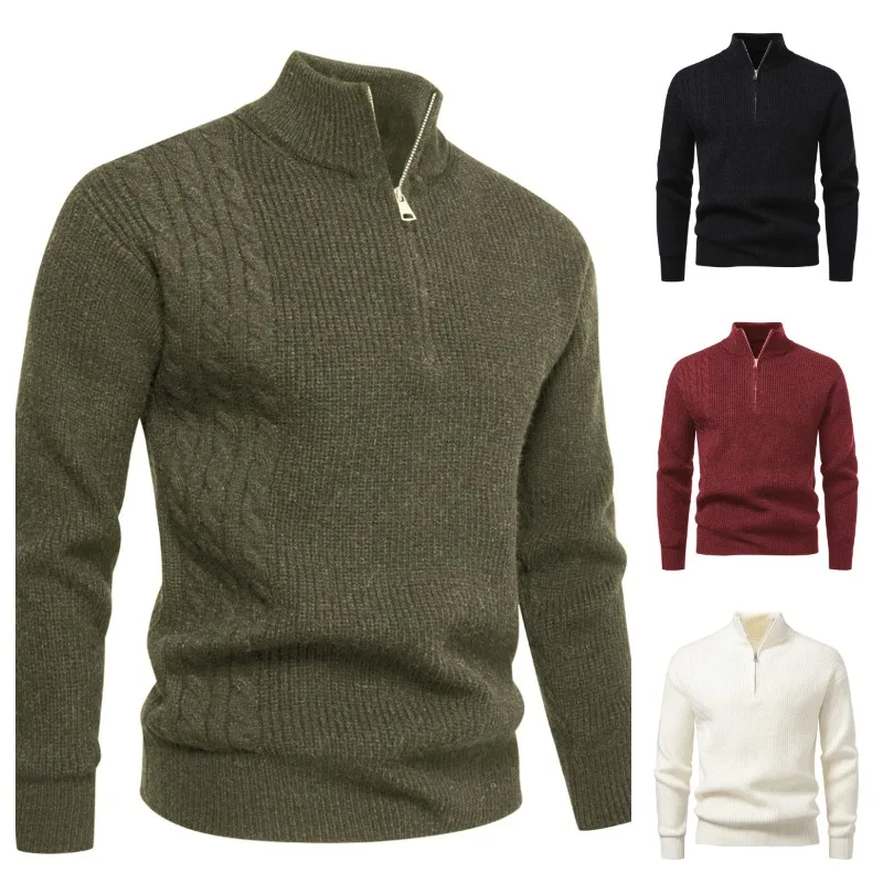

Men's Casual Zipper Stand-up Collar Solid Color Long Sleeve Sweater Male Autumn and Winter Knitted Pullover Sweaters Men Tops