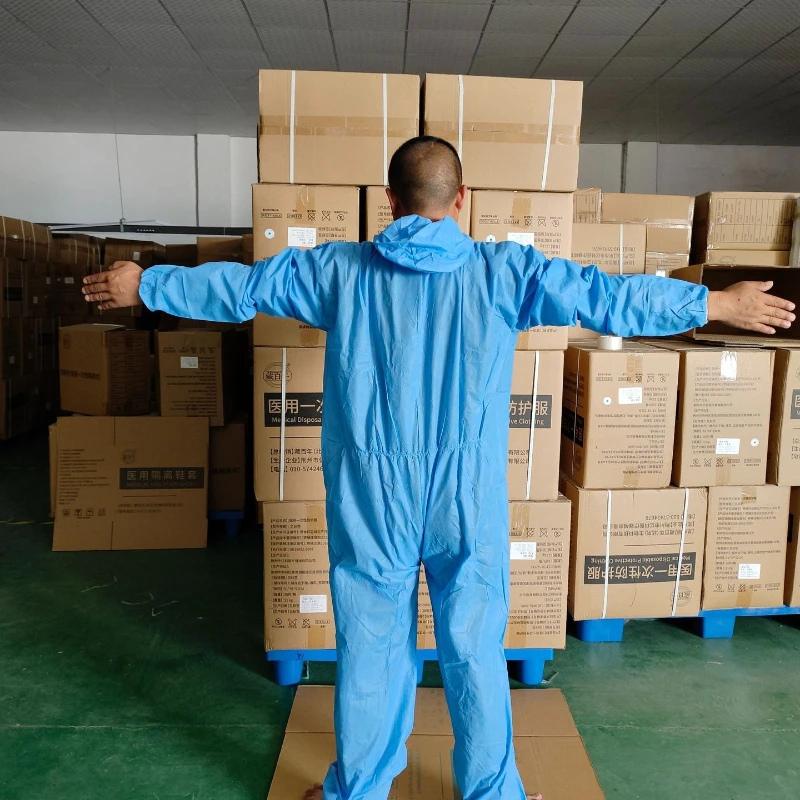 Blue Disposable Isolation Coverall, Hooded Non‑Woven Full‑Body Protective Jumpsuit for Workshop Laboratory Safety Protection