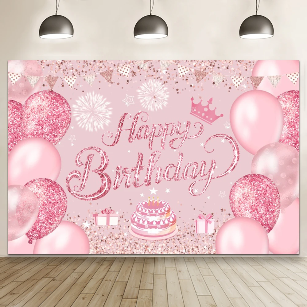 풍선 반짝이 생일 배경 보라색 핑크 소녀 생일 파티 사진 존 장식 배너, 사용자 정의 배경 포스터 사진 소품
