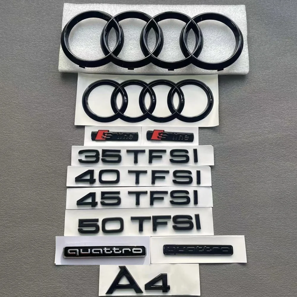 AUDI A4 4Ring logo ABS Black Car Hood Front Grill Rear Trunk Emblem Sticker A4 Mark Quarrto  Sline 40TFSI 45TFSI 55TFSI Emblem