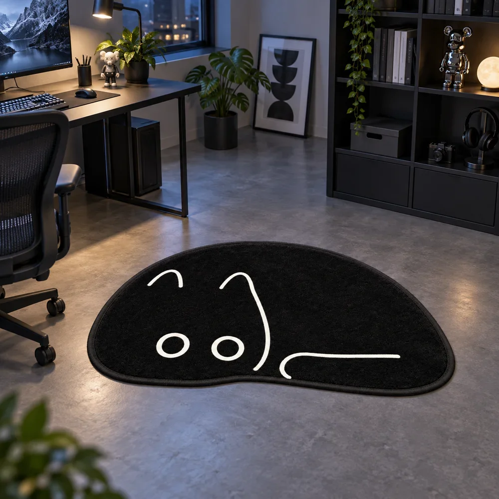 Black Sleepy Character Irregular Shaped Area Rug, Modern Floor Mat for Bedroom, Living Room, Entryway and Reading Corner Decor