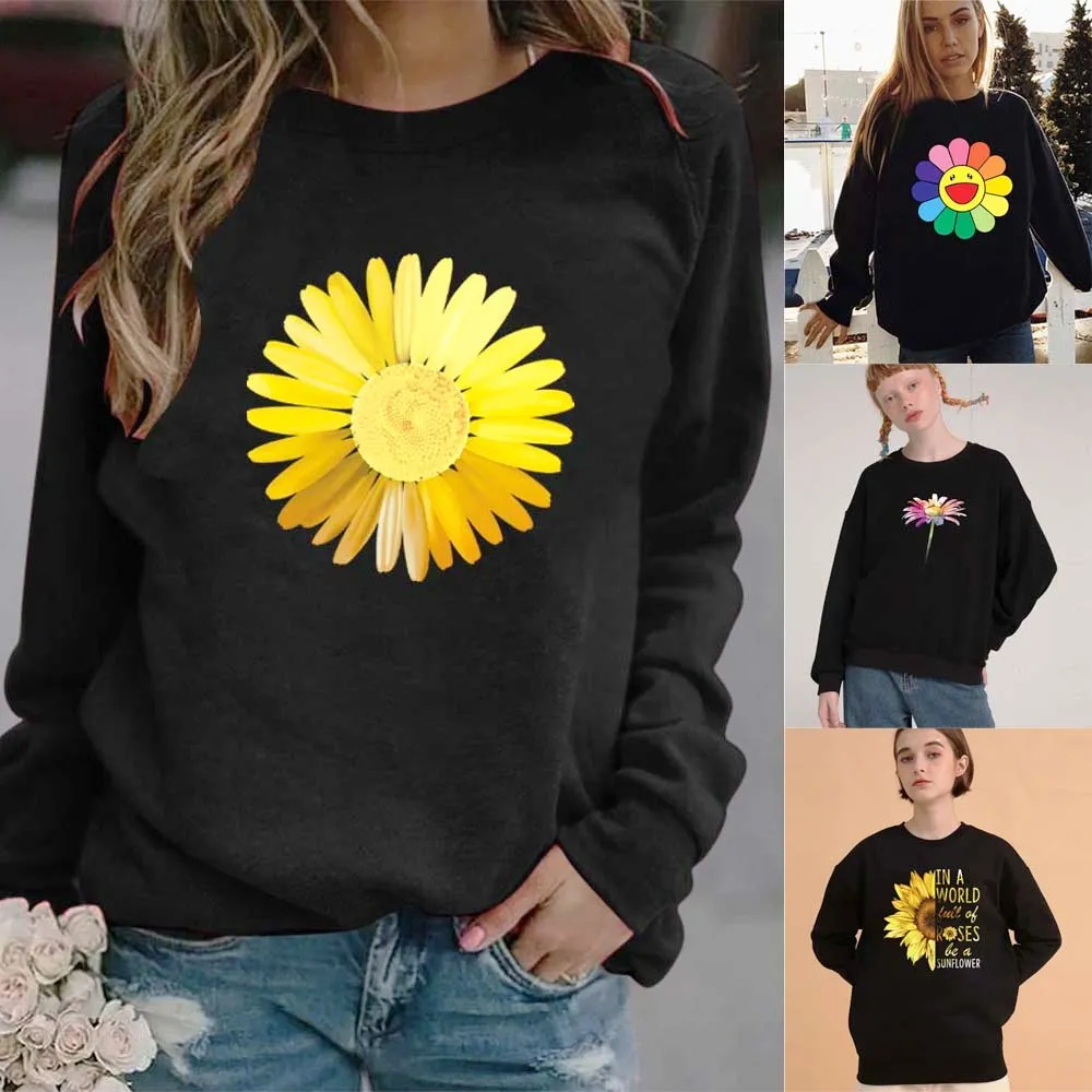 Women's pullover O-neck simple personality daisy print hooded long-sleeved Harajuku casual top black hoodie Trend Streetwear