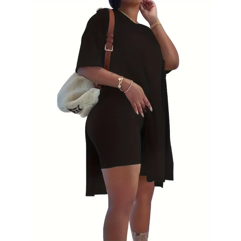Plus Size 1XL-5XL Women's Fashion Solid Color Round Neck Split Top Ladies Casual Tight Shorts Two Piece Set