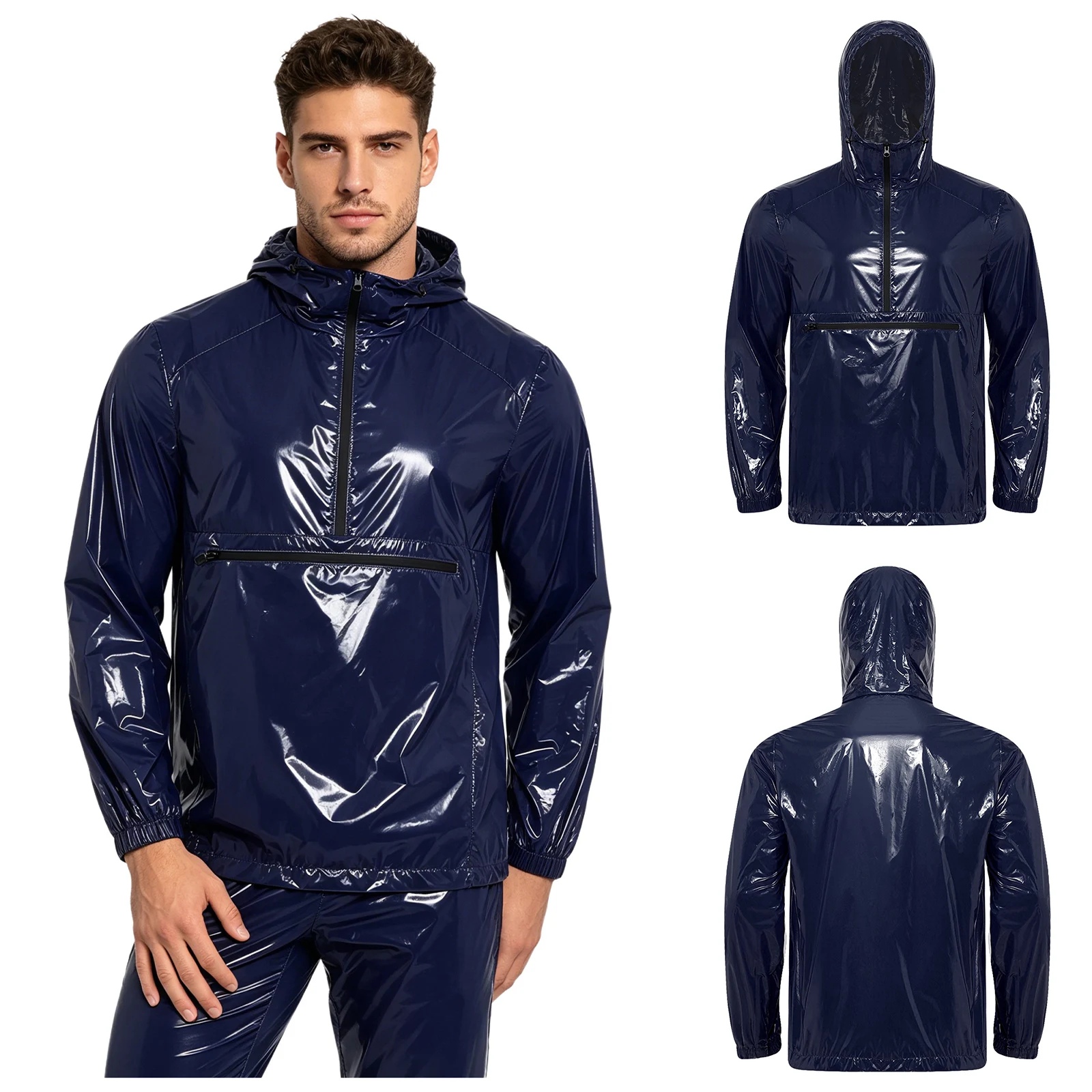 

Men Waterproof Hoodie Hooded Sweatshirt Long Sleeve Windbreaker Raincoat Shirt Front Zip Kangaroo Pocket Top for Camping Hiking