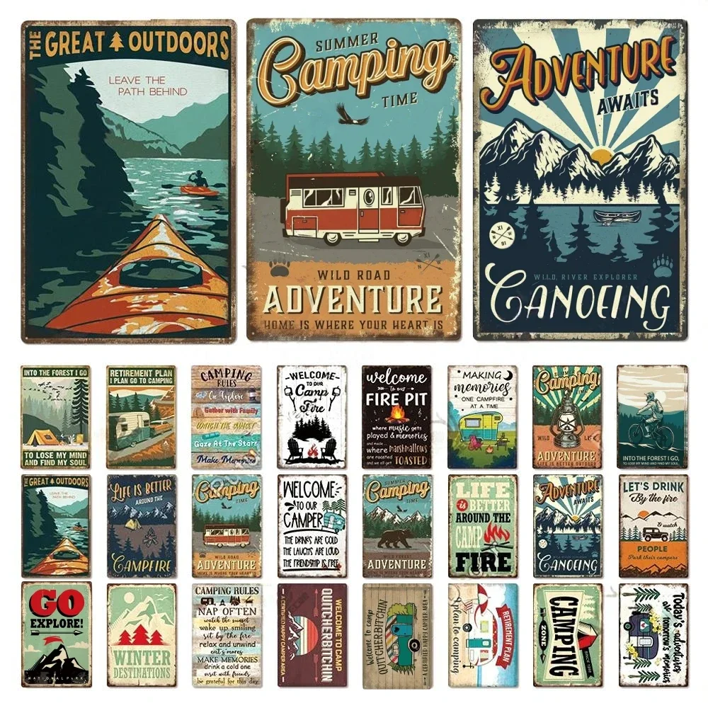 Camping Metal Posters Tin Sign Decor Vintage Plaque Metal Plate Retro Posters Wall Art Sign Trip Illustration Tinplate Painting