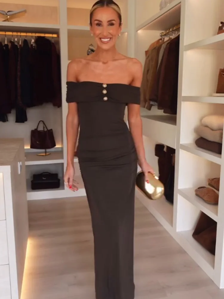 

HH Женская мода Один воротник ​ ​ Плиссированное длинное платье с золотыми пуговицами, женское летнее темпераментное платье без рукавов на молнии Mujer