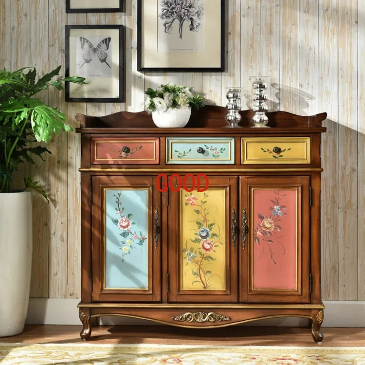 Solid Wood Painted Shoe Cabinet Multi-Layer Shoe Rack Household Vintage Sideboard Cabinet Locker