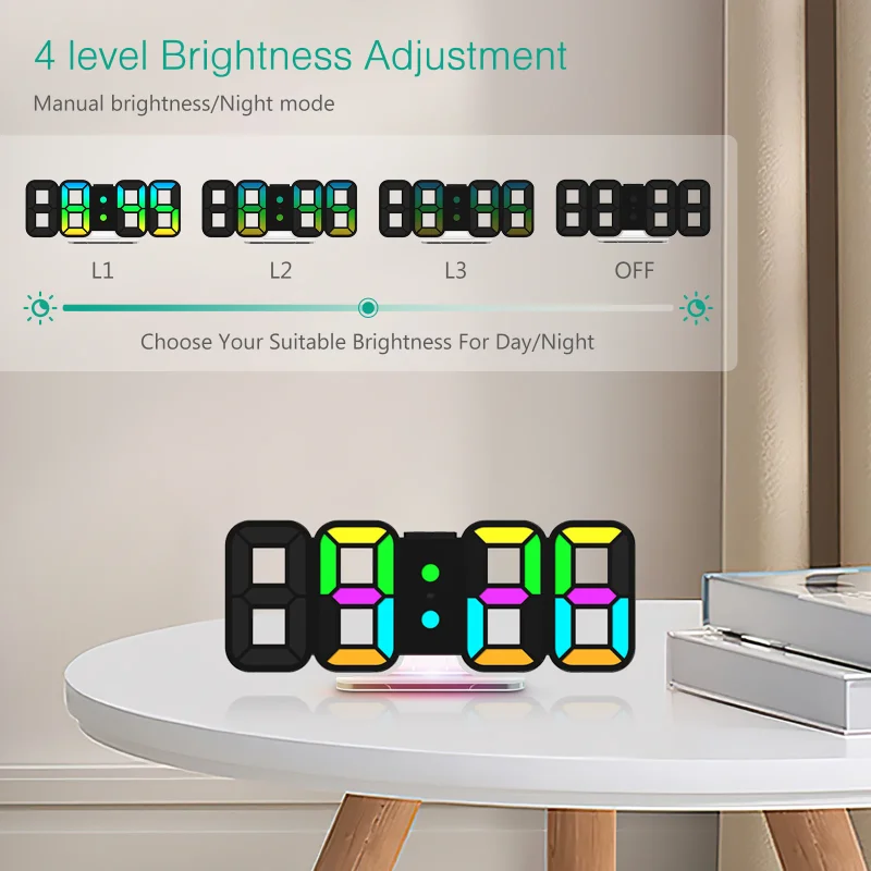 3D LED Digital Clock 9.7'' RGB Alarm Clock large Wall Clock Night Light with Remote Control for Bedroom/Office