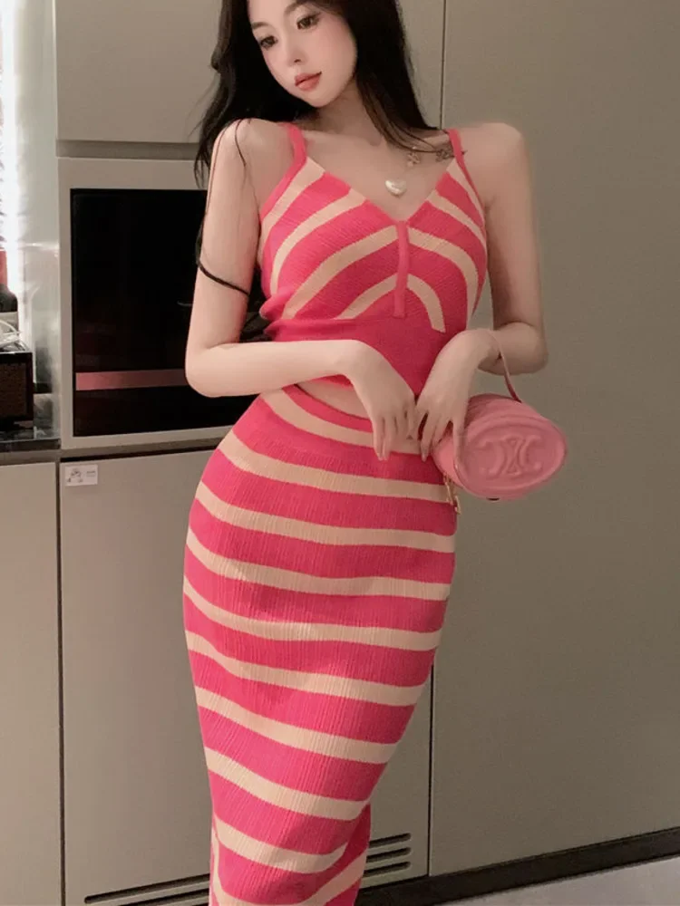 New Summer Striped 2 Piece Set Women Thin Knitted Korean Fashion Casual Striped Knitted Sexy Vest Crop Tops Long Skirts Sets