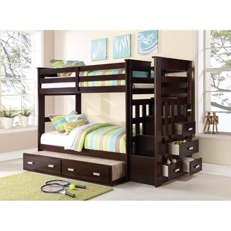 

Twin Bunk Bed with Trundle & Storage in Espresso Finish - Space-Saving Design for Kids' Rooms, Stylish & Functional