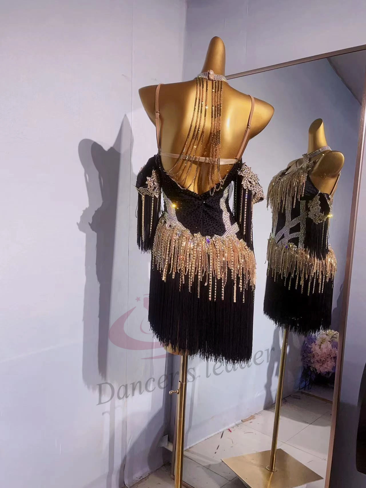 Latin Dance Costume International Stage Competition Uniform Black and White Gold Belt Diamond Samba Style Standard Dress